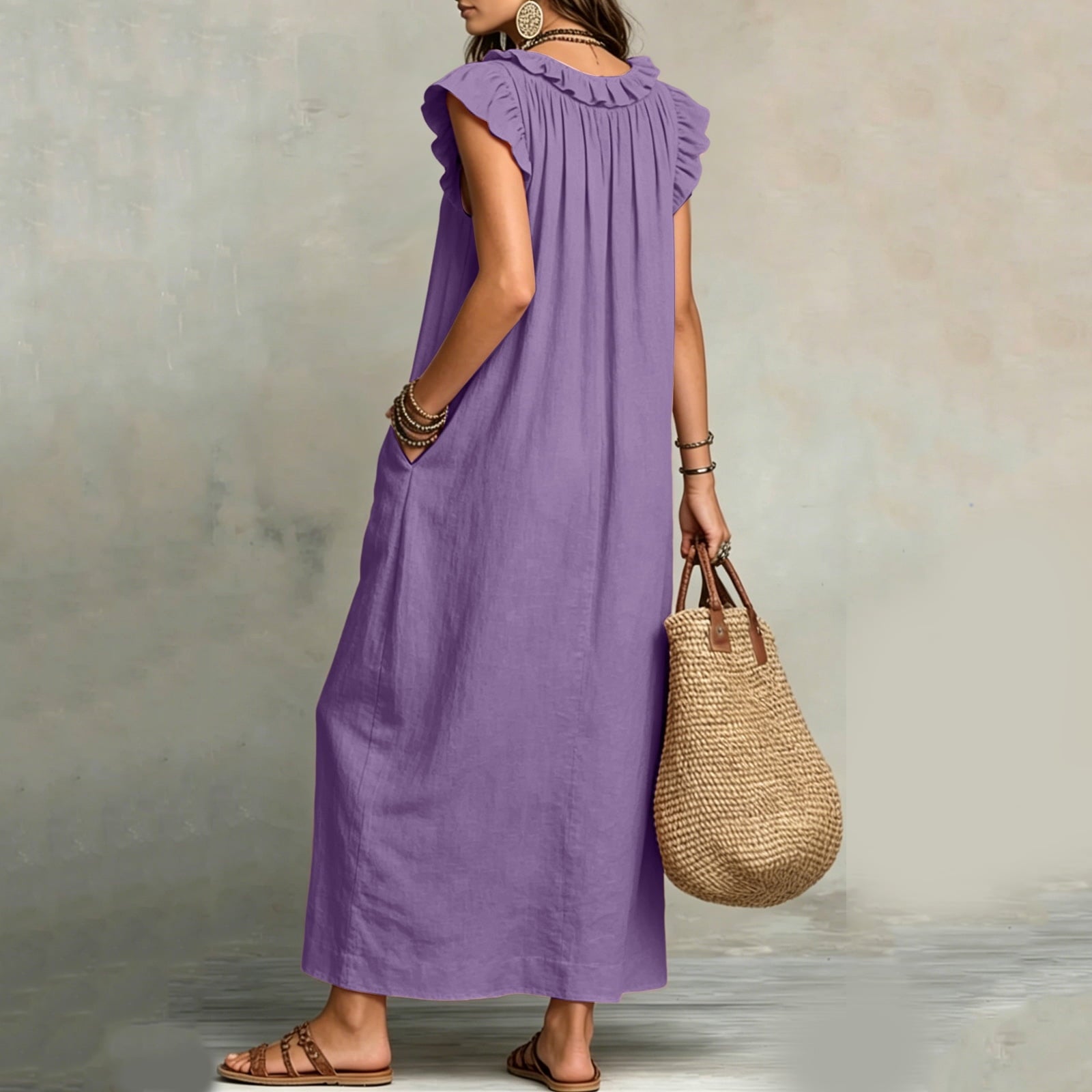 ✨⏰2026 Summer Solid Color Elegant Temperament Flying Sleeve Dress
