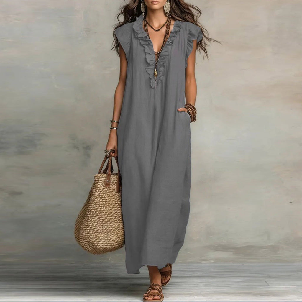 ✨⏰2026 Summer Solid Color Elegant Temperament Flying Sleeve Dress