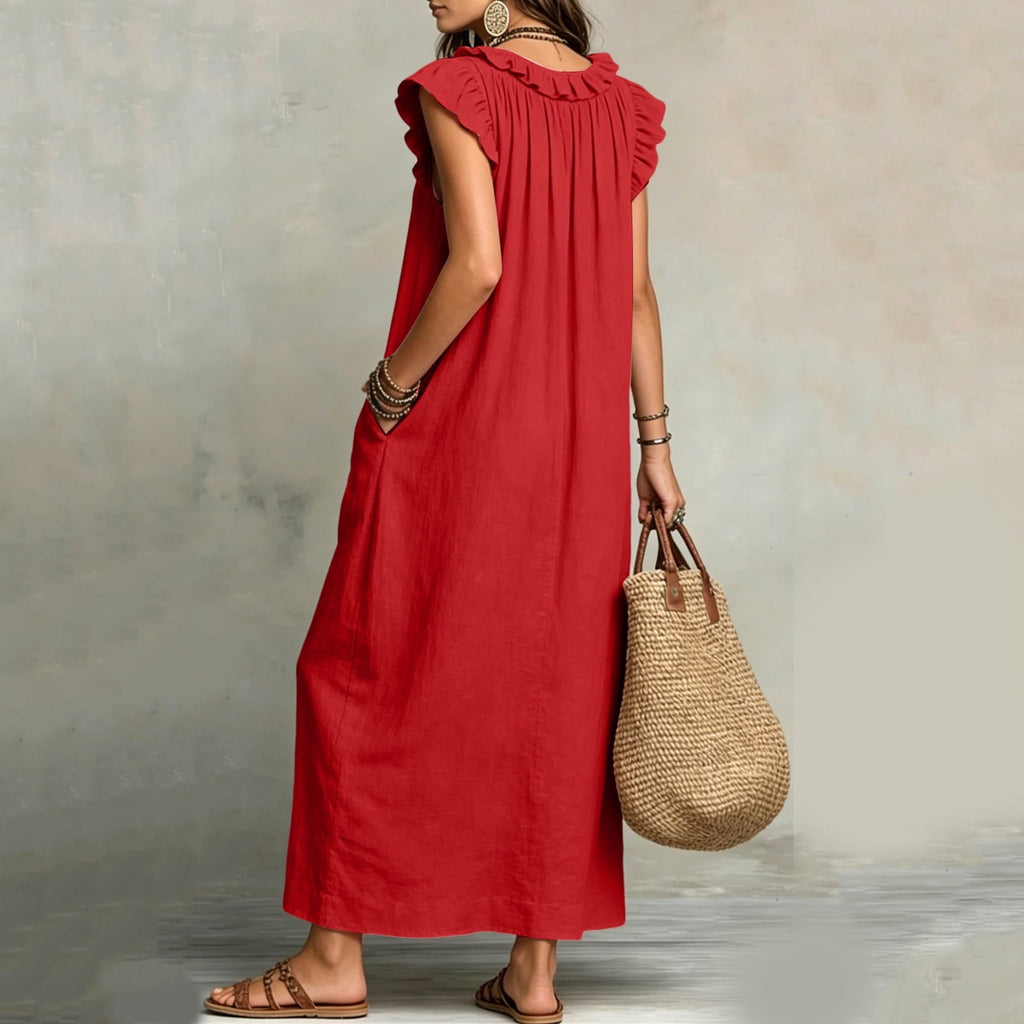 ✨⏰2026 Summer Solid Color Elegant Temperament Flying Sleeve Dress