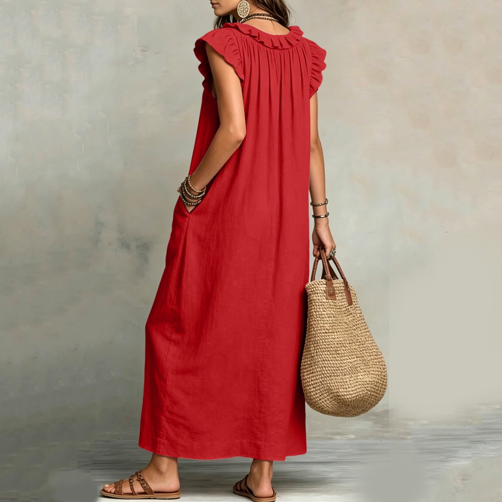 ✨⏰2026 Summer Solid Color Elegant Temperament Flying Sleeve Dress