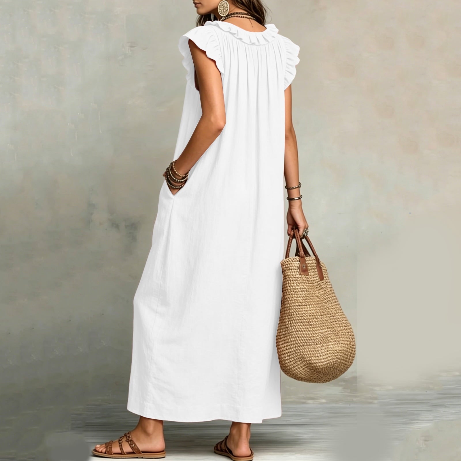 ✨⏰2026 Summer Solid Color Elegant Temperament Flying Sleeve Dress