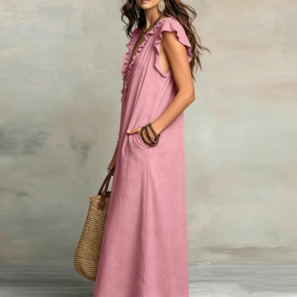 ✨⏰2026 Summer Solid Color Elegant Temperament Flying Sleeve Dress