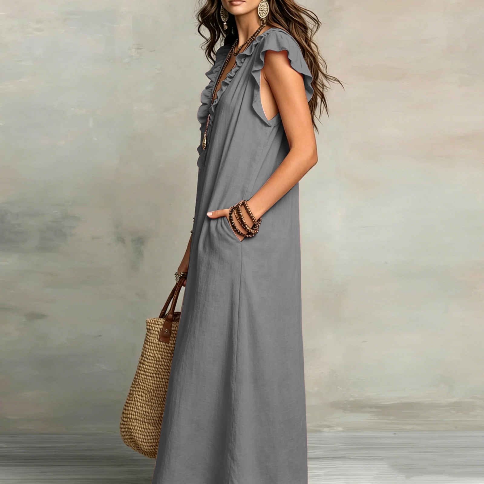✨⏰2026 Summer Solid Color Elegant Temperament Flying Sleeve Dress