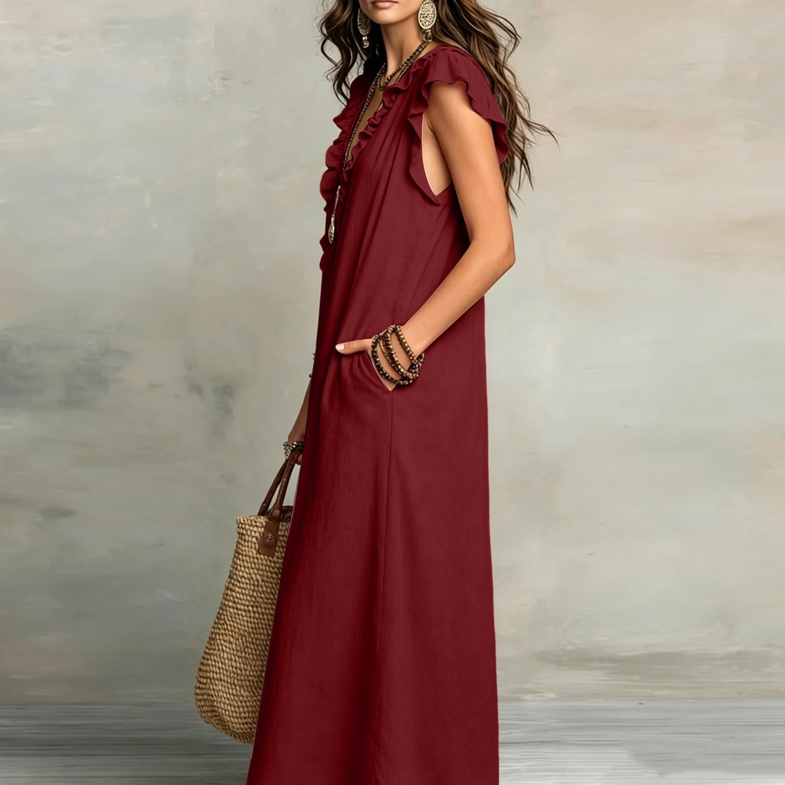 ✨⏰2026 Summer Solid Color Elegant Temperament Flying Sleeve Dress