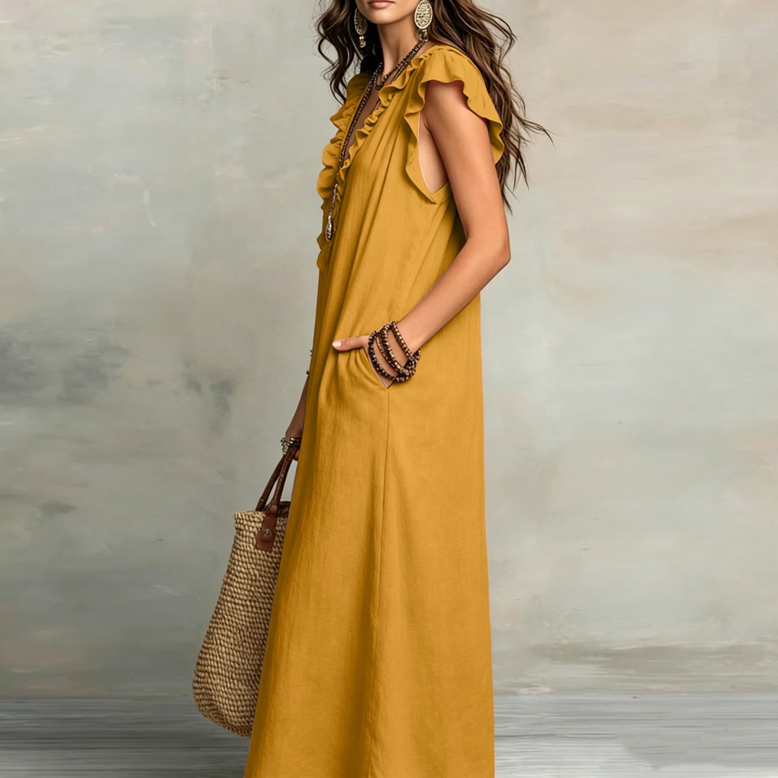 ✨⏰2026 Summer Solid Color Elegant Temperament Flying Sleeve Dress