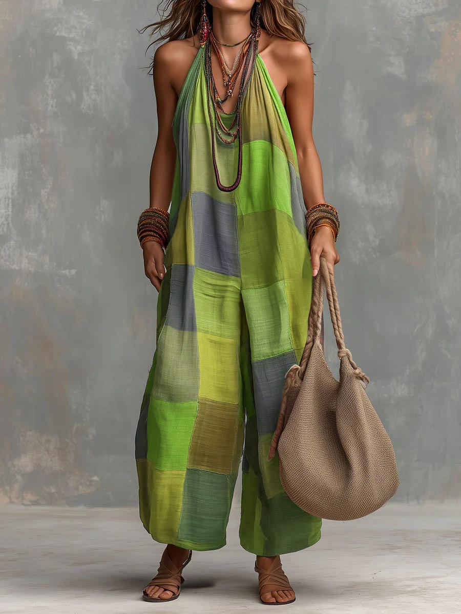 ✨✨LAST DAY SAVE 49% ⏰Women's Plaid-print Casual Loose Halter-neck Cotton-linen Wide-leg Jumpsuit