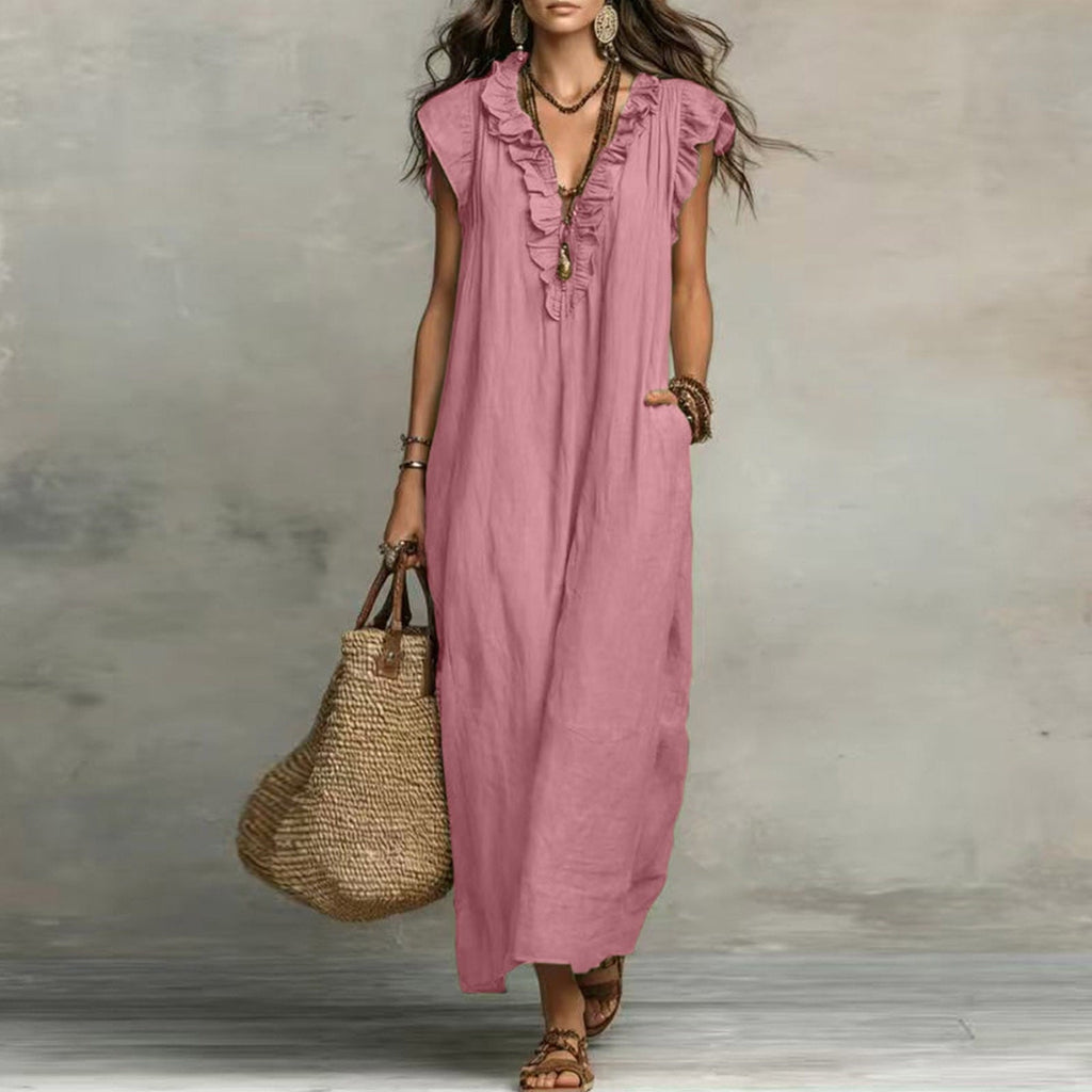 ✨⏰2026 Summer Solid Color Elegant Temperament Flying Sleeve Dress