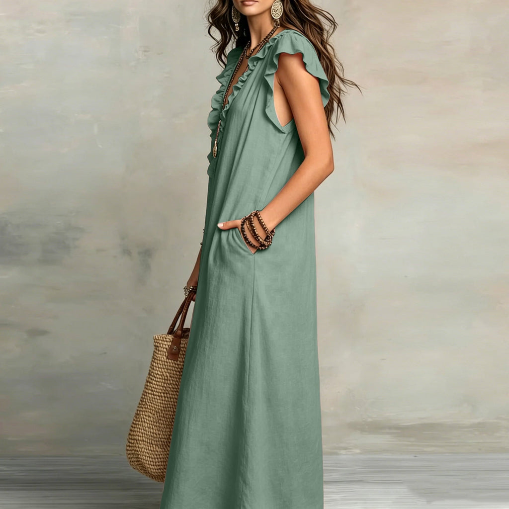 ✨⏰2026 Summer Solid Color Elegant Temperament Flying Sleeve Dress