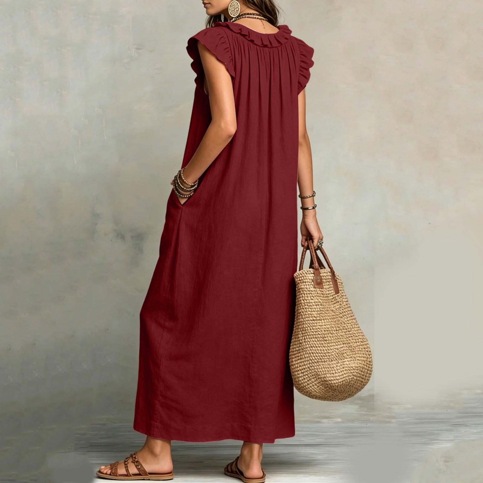 ✨⏰2026 Summer Solid Color Elegant Temperament Flying Sleeve Dress