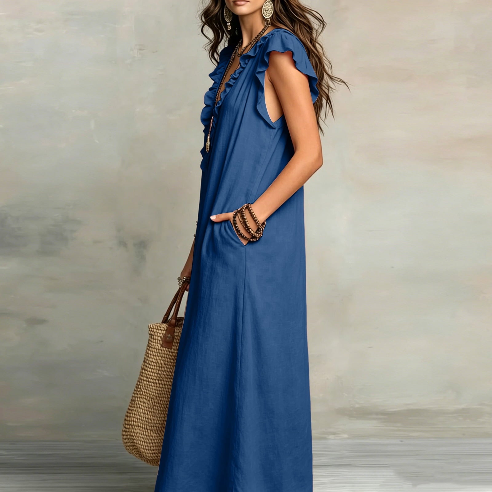 ✨⏰2026 Summer Solid Color Elegant Temperament Flying Sleeve Dress