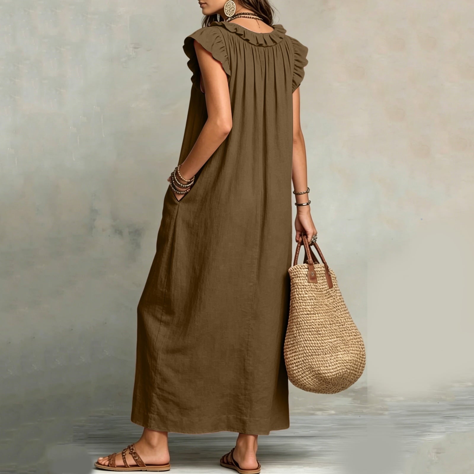 ✨⏰2026 Summer Solid Color Elegant Temperament Flying Sleeve Dress