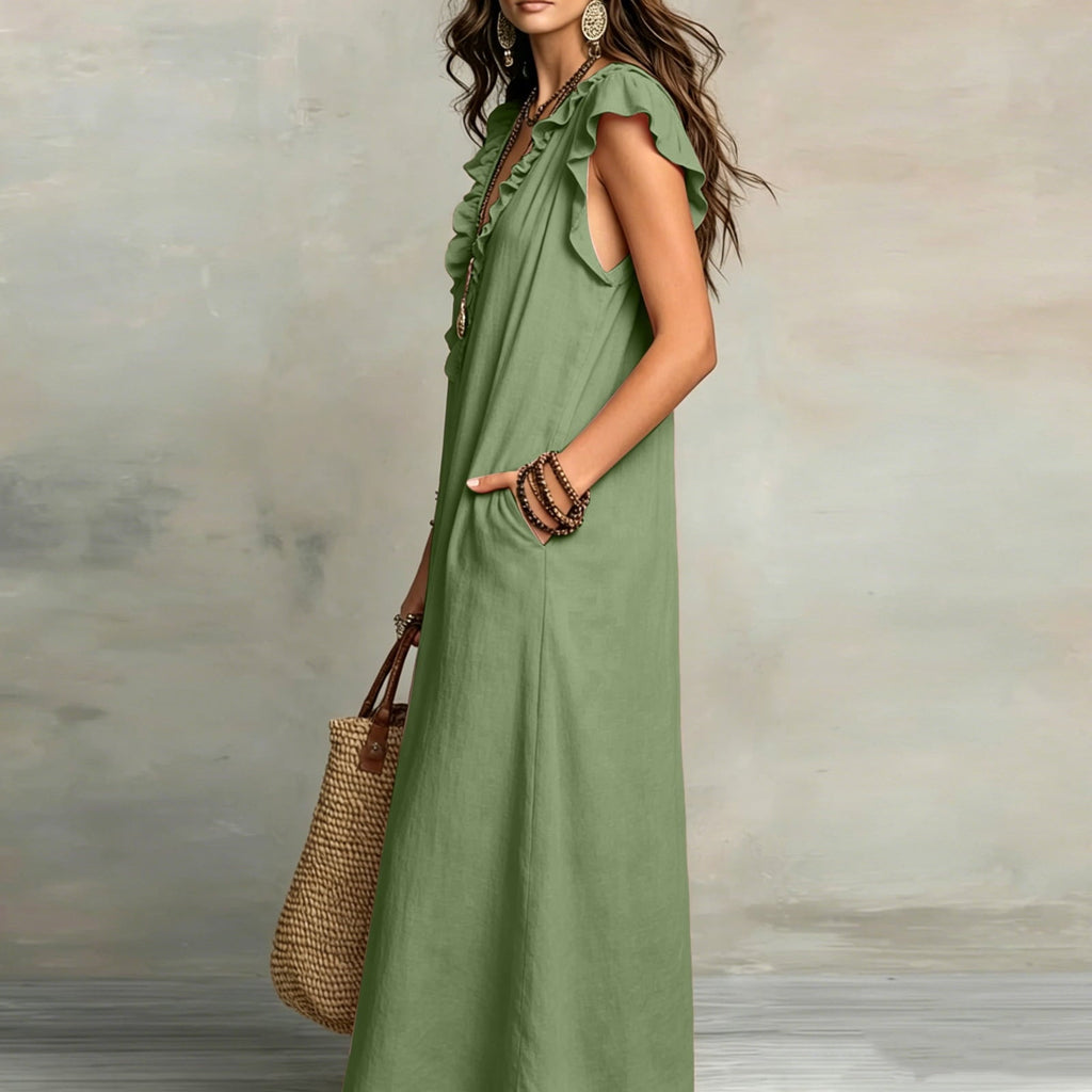 ✨⏰2026 Summer Solid Color Elegant Temperament Flying Sleeve Dress