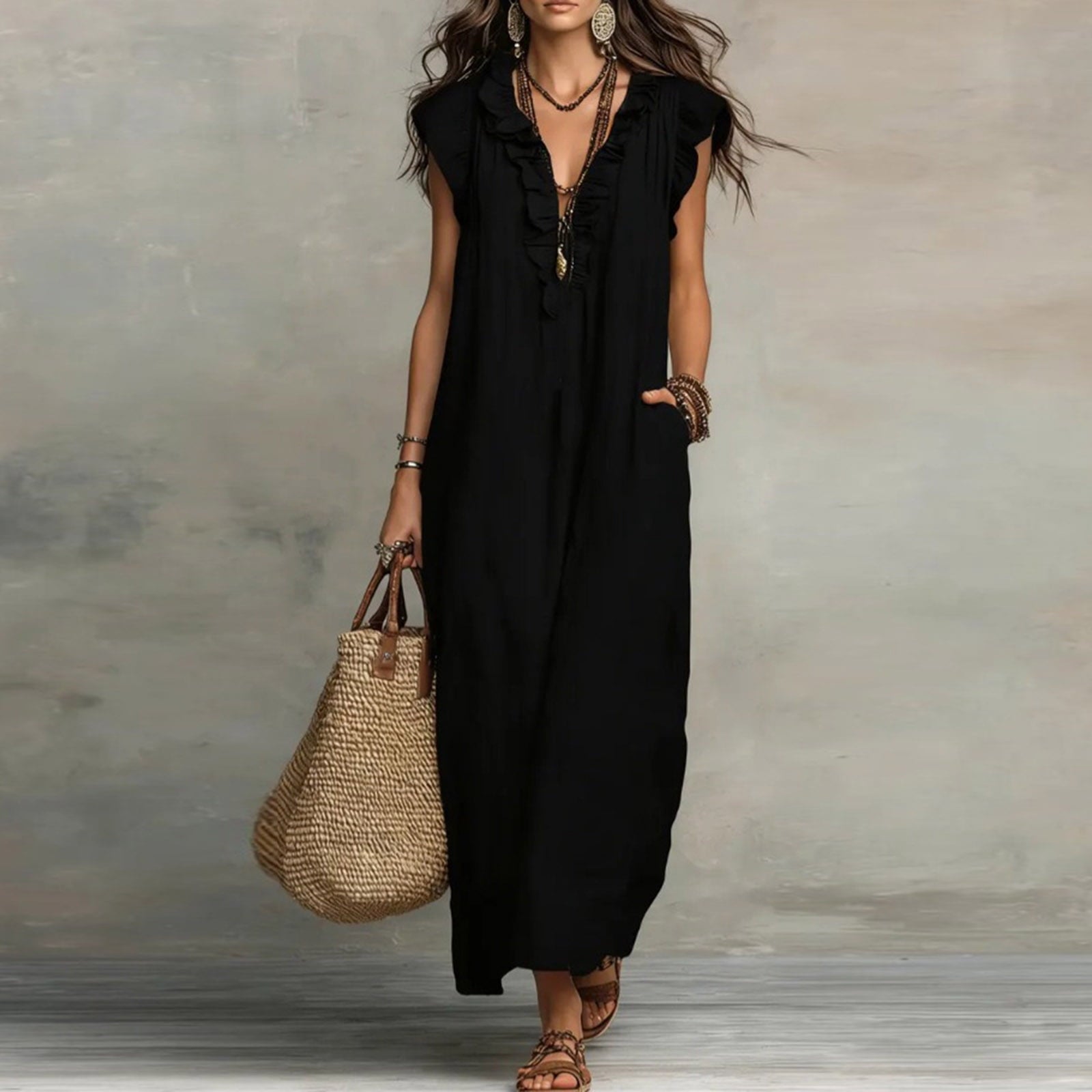 ✨⏰2026 Summer Solid Color Elegant Temperament Flying Sleeve Dress