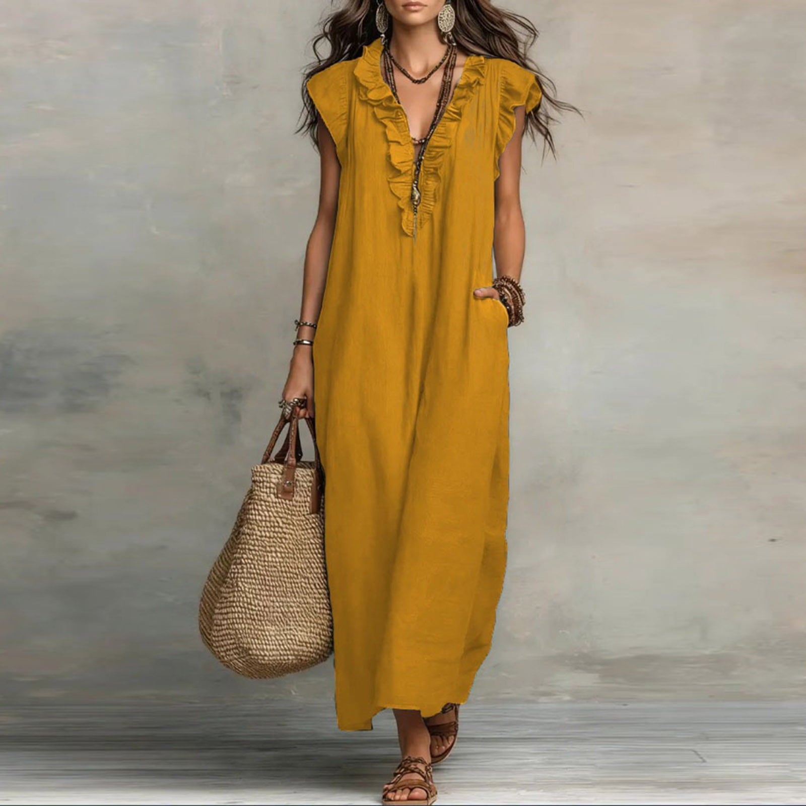 ✨⏰2026 Summer Solid Color Elegant Temperament Flying Sleeve Dress