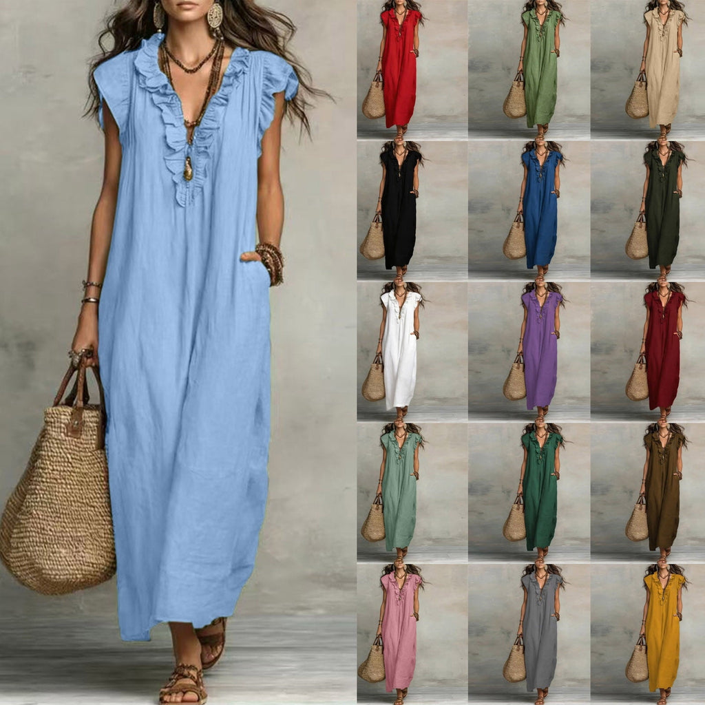 ✨⏰2026 Summer Solid Color Elegant Temperament Flying Sleeve Dress
