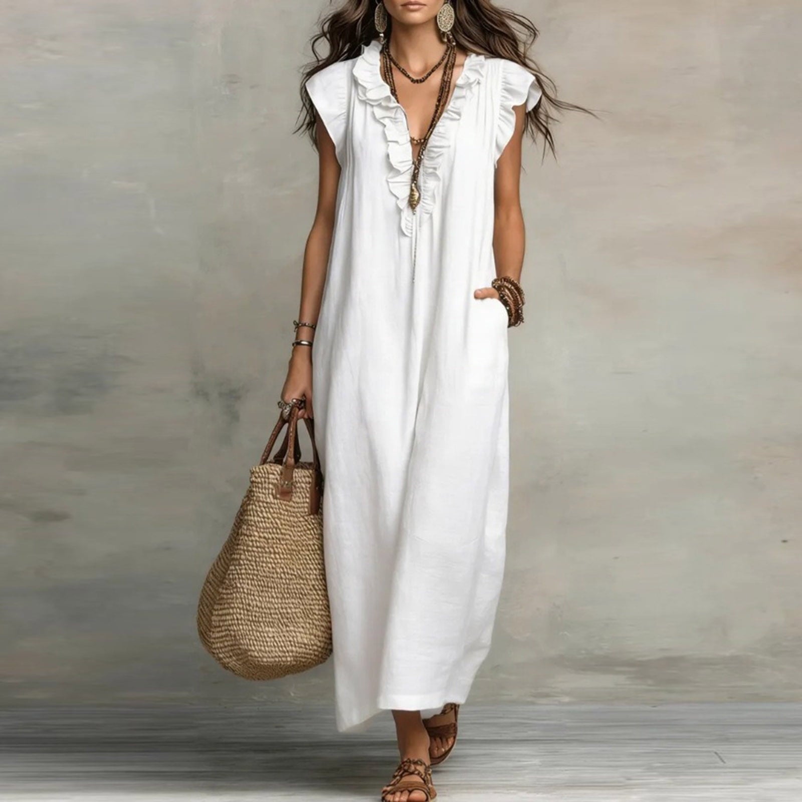 ✨⏰2026 Summer Solid Color Elegant Temperament Flying Sleeve Dress