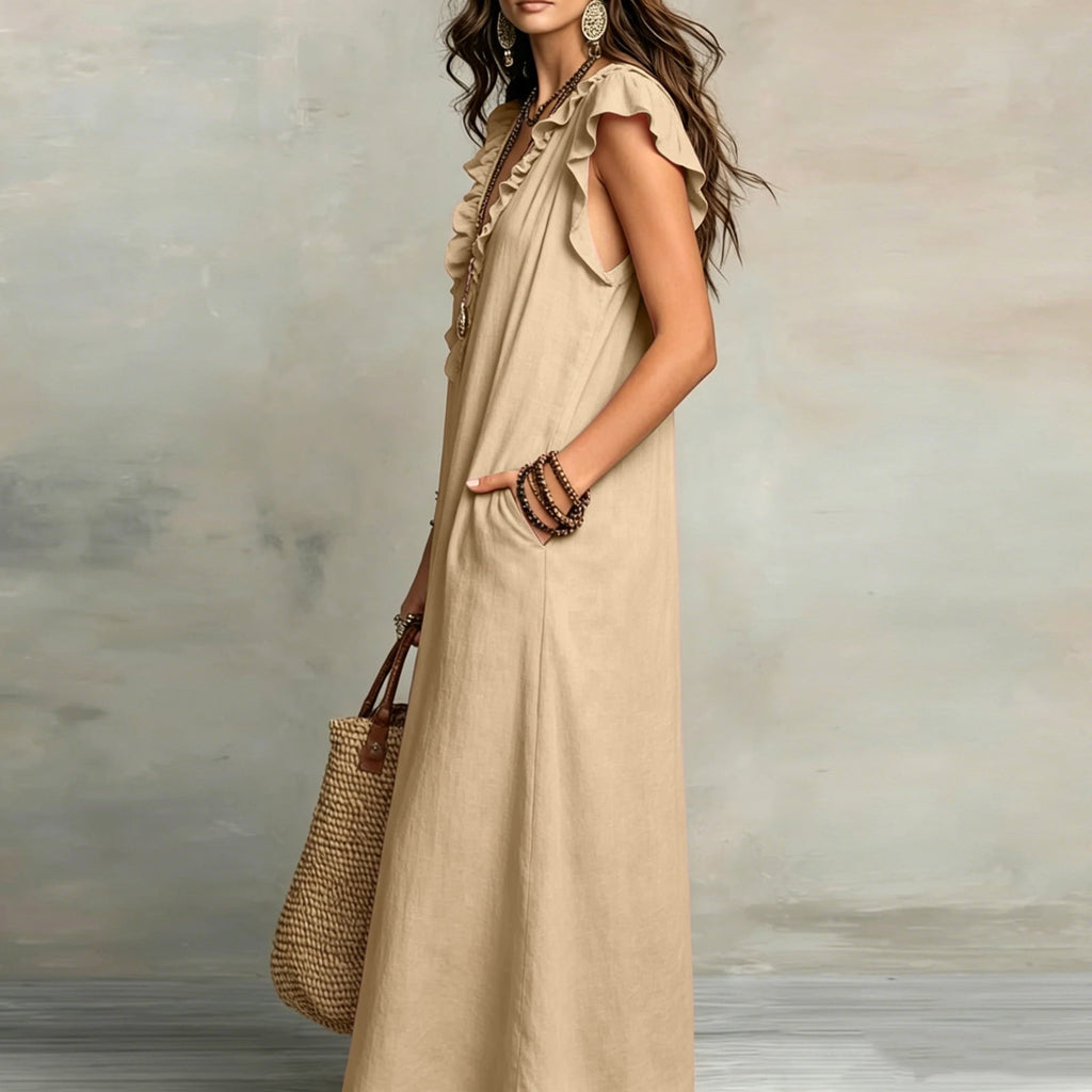 ✨⏰2026 Summer Solid Color Elegant Temperament Flying Sleeve Dress