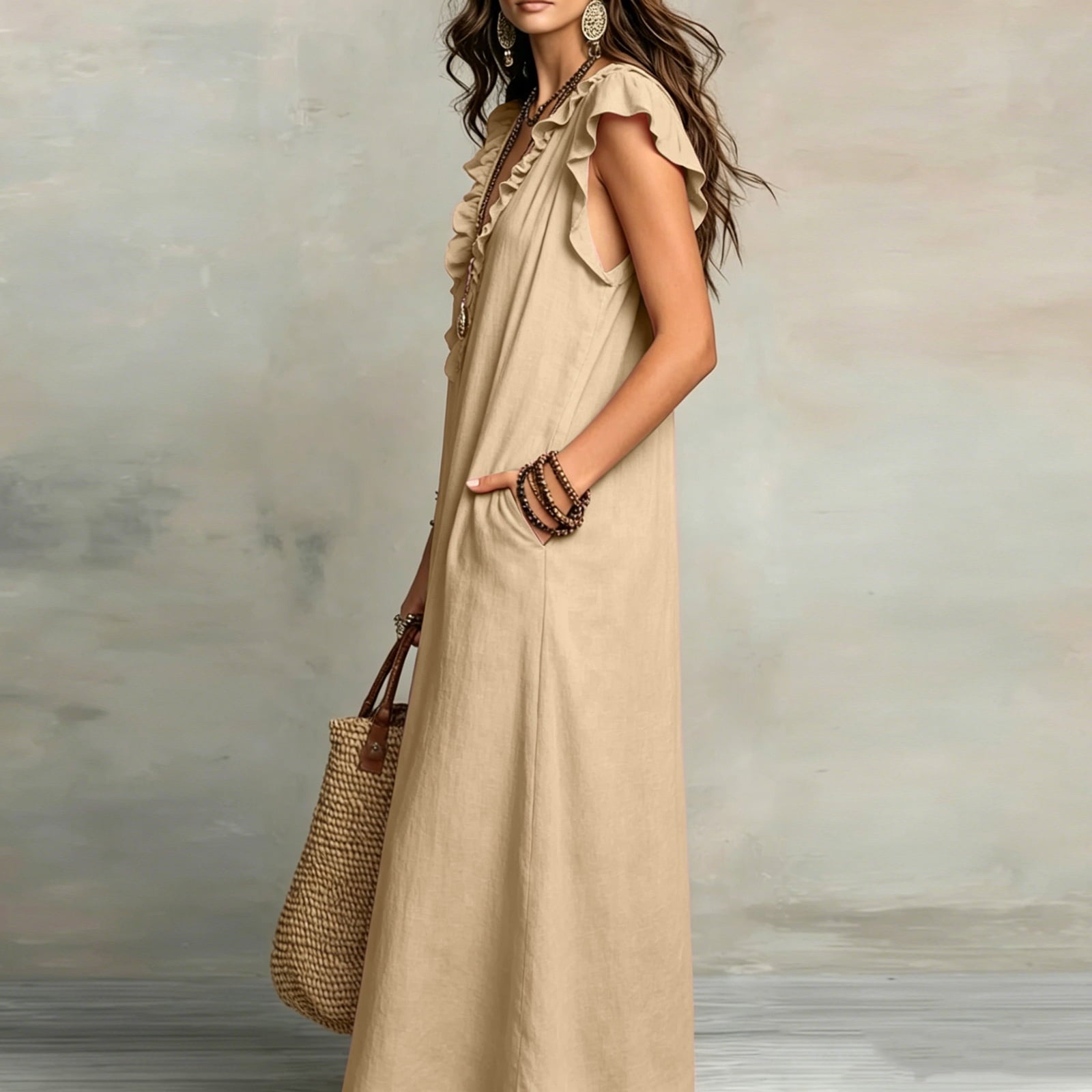 ✨⏰2026 Summer Solid Color Elegant Temperament Flying Sleeve Dress